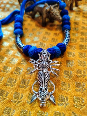 Ethnic Necklace With Durga Pendant - Blue