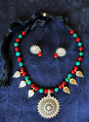 Ethnic Handcrafted Necklace - Red and Green Beads