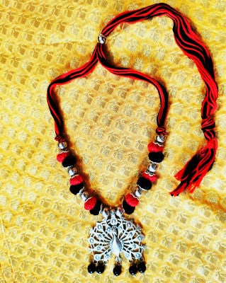 Ethnic Handcrafted Necklace with Silver Peacock pendant - Red and Black