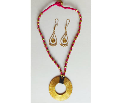 Handcrafted Dokra Necklace with Earring from Odisha - Pink Threaded Circle Coil Type