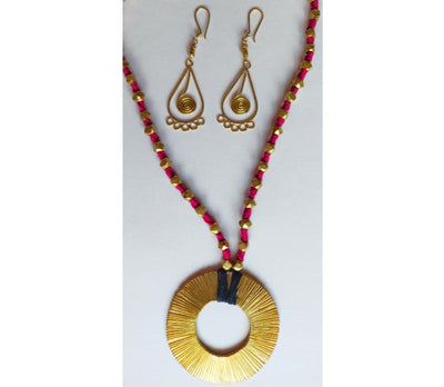 Handcrafted Dokra Necklace with Earring from Odisha - Pink Threaded Circle Coil Type