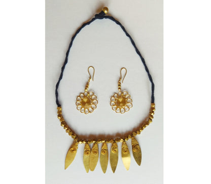Handcrafted Dokra Necklace with Earring from Odisha - Black Threaded Diya Design