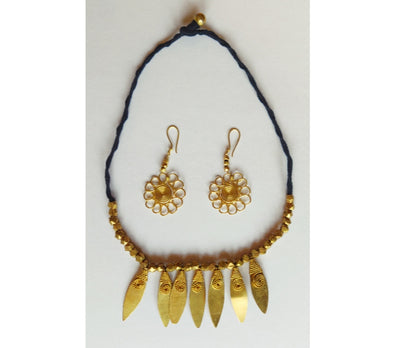 Handcrafted Dokra Necklace with Earring from Odisha - Black Threaded Diya Design