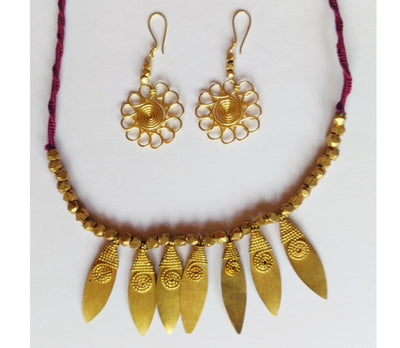 Handcrafted Dokra Necklace with Earring from Odisha - Maroon Threaded Diya Design