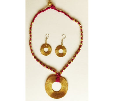 Handcrafted Dokra Necklace from Odisha - Pink Threaded Coil Design