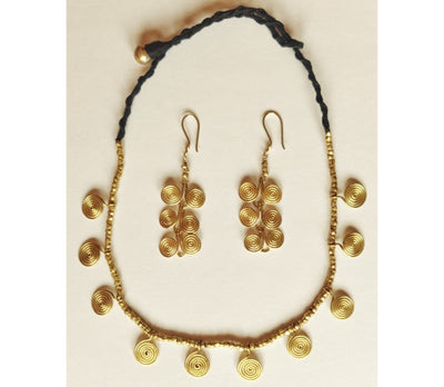 Handcrafted Dokra Necklace from Odisha - Black Threaded  Spiral Design