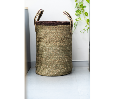 Laundry Bag made out of Sabai Grass with Lid - Brown Lid With Natural Shade