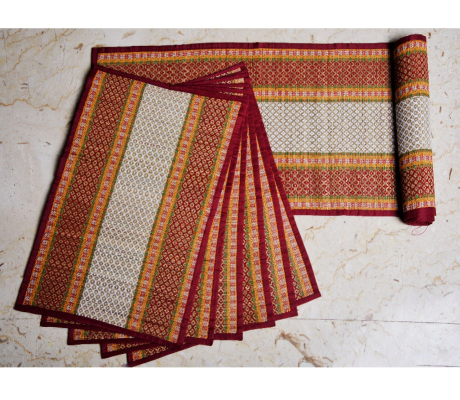 Madur Kathi Handloom Table mat with Runner - White with Red