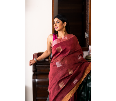 Handloom Linen Saree With All Over Work - Burgundy & Pine Green