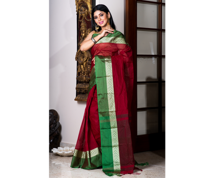 Handloom Tant Saree - Maroon With Green Par