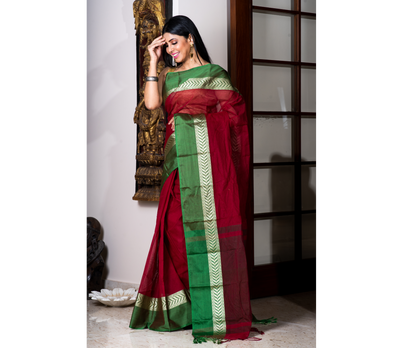 Handloom Tant Saree - Maroon With Green Par