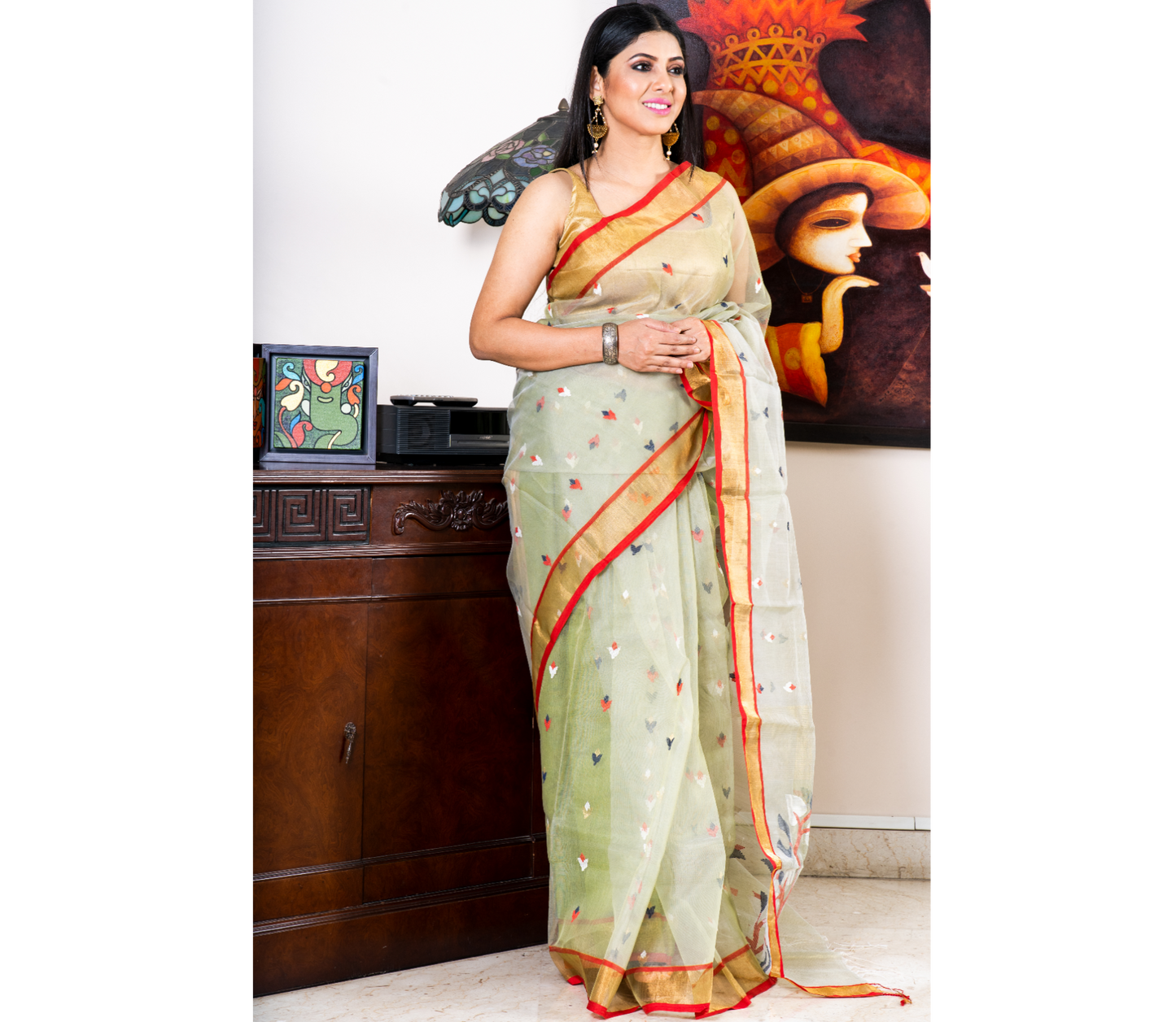 Handloom Muslin Silk Saree - Moss Green & Red Paar
