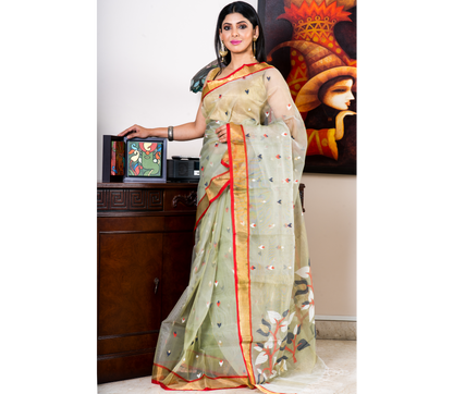 Handloom Muslin Silk Saree - Moss Green & Red Paar