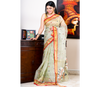 Handloom Muslin Silk Saree - Moss Green & Red Paar