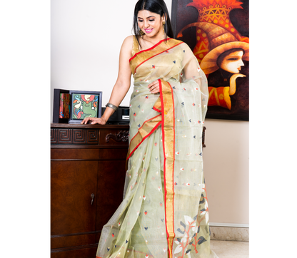 Handloom Muslin Silk Saree - Moss Green & Red Paar