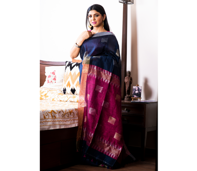 Handloom Linen Saree With All Over Work - Navy Blue & Purple