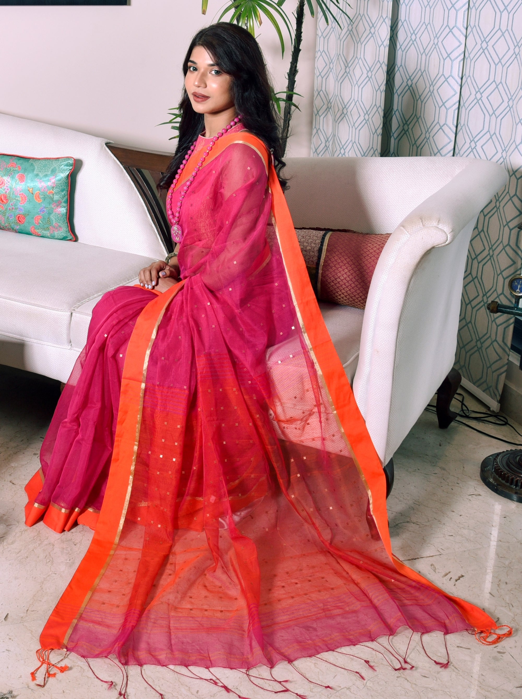 Handloom saree with All Over Chumki Work - Orange and Purple - ArtisanSoul