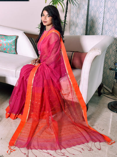 Handloom saree with All Over Chumki Work - Orange and  Purple