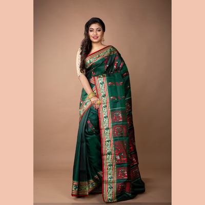 Murshidabad Silk - Double Jakard Handloom Minakari Garod Saree - Bottle Green