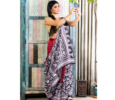 Kantha Stitched Work on Batik Print Saree - Red & Black