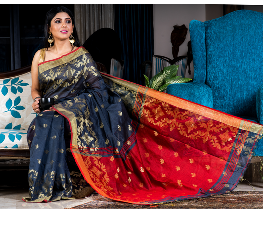 Handloom Saree With All Over Work - Steel Grey & Red - ArtisanSoul