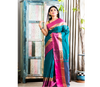 Handloom Tant Saree - Teal Blue With Pink Par