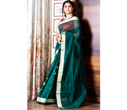 Handloom Tant Saree - Teal Blue