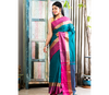 Handloom Tant Saree - Teal Blue With Pink Par