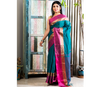 Handloom Tant Saree - Teal Blue With Pink Par