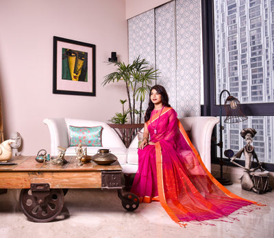 Handloom saree with All Over Chumki Work - Orange and  Purple