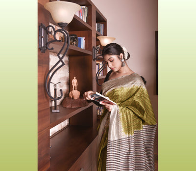 Kantha Stitch on Silk Saree with Jalchuri Pattern - Olive