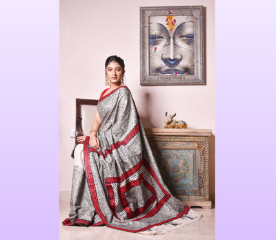 Kantha Stitch Applique Design Saree - Red and Black