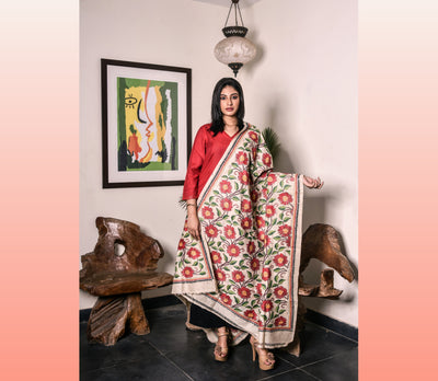 Kantha Stitched Dupatta on Tussar Base - Red Flowers