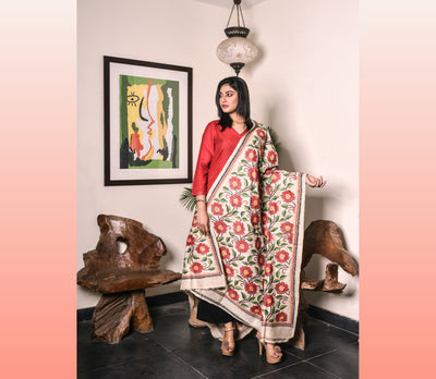 Kantha Stitched Dupatta on Tussar Base - Red Flowers