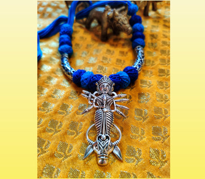 Ethnic Necklace With Durga Pendant - Blue