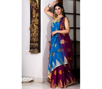 Handloom Saree With All Over Work - Violet & Azure Blue Anchal