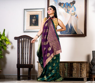 Linen Saree With Work All Over The Saree - Bottle Green & Violet