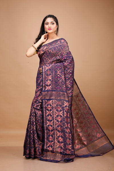 Handloom Jamdani Saree with all over Rose Gold Zari work - Navy Blue