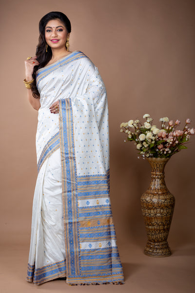 Assam Silk Saree - White with Blue and Yellow thread Work