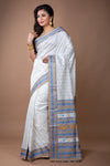 Assam Silk Saree - White with Blue and Yellow thread Work