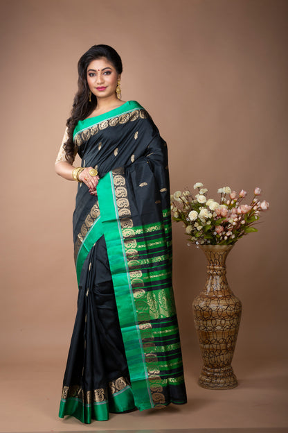 Murshidabad Silk - Zaree Jakard Handloom Garod Saree - Black