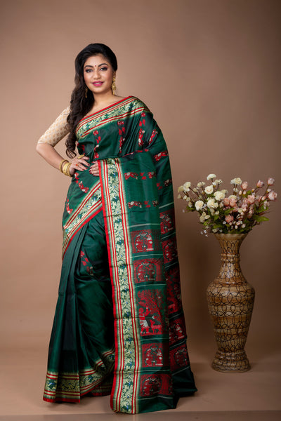 Murshidabad Silk - Double Jakard Handloom Minakari Garod Saree - Bottle Green