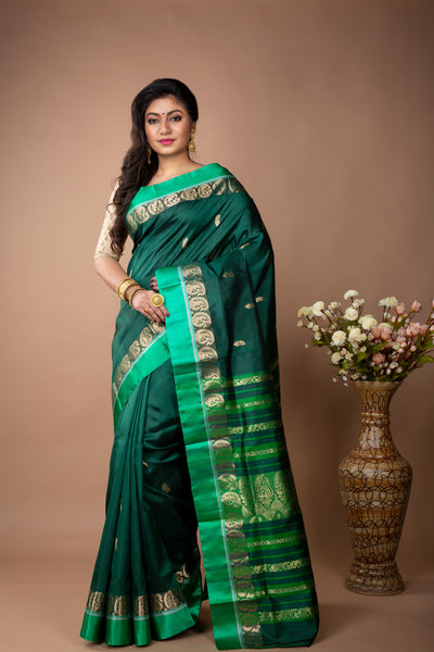Murshidabad Silk Saree - Zaree Jakard Handloom Garod Saree - Bottle Green