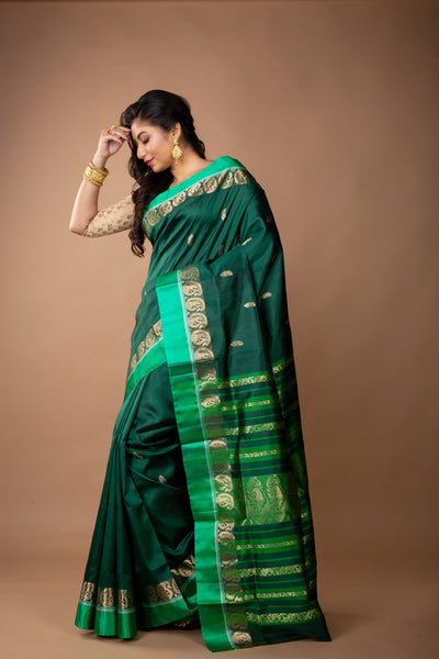 Murshidabad Silk Saree - Zaree Jakard Handloom Garod Saree - Bottle Green