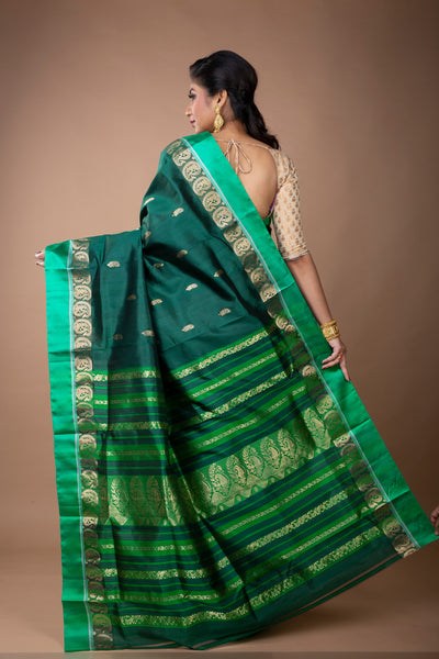 Murshidabad Silk Saree - Zaree Jakard Handloom Garod Saree - Bottle Green