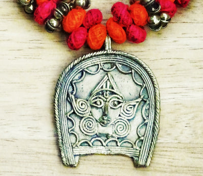 Ethnic Handcrafted Pink & Orange Threaded Dokra Necklace - Durga