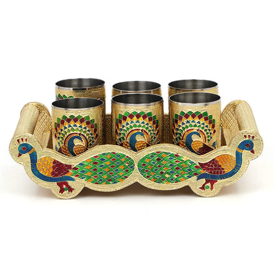 Meenakari Serving Tray and Glass Set from Rajastan