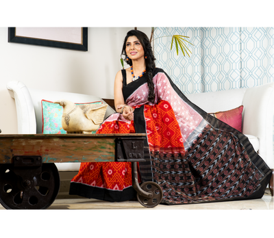 Sambalpuri Saree - Pure Cotton - Red  Black & Pink