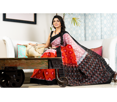 Sambalpuri Saree - Pure Cotton - Red  Black & Pink